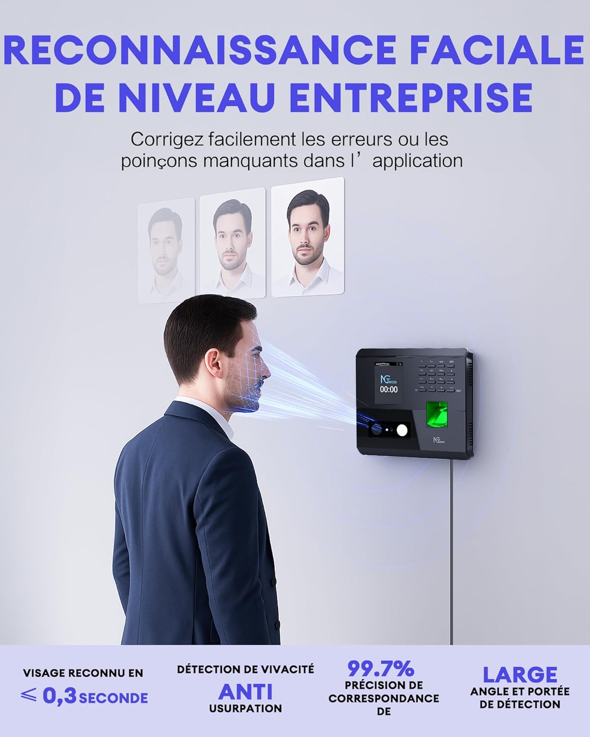 POINTEUSE NGTECO NG-MB1 FACE EMPREINTE RFID CARD PIN WIFI ET RESEAUX RJ45 APPS IOS ANDROID LCD 200 USER BLACK